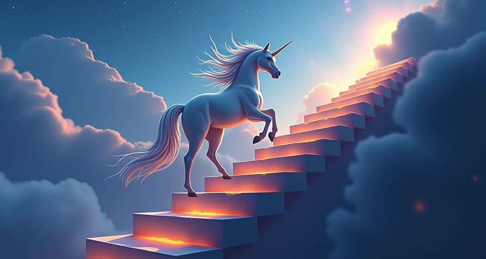  majestic unicorn climbing a staircase of glowing stones, each step lifting higher. celestial sky above, constant ascension mood.. the style is digital art illustration,highly detailed, whimsical,magical, dreamlike atmosphere, realism and fantasy blend, smooth, glossy textures,luminous quality, wonder and enchantment.