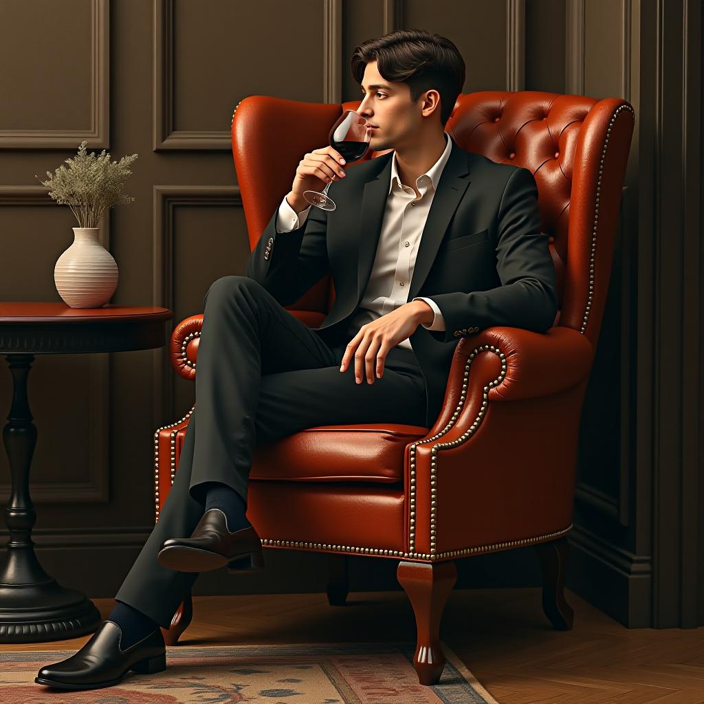  handsome young man sitting on the chair,wearing black shoes and drinking wine, masterpiece, best quality