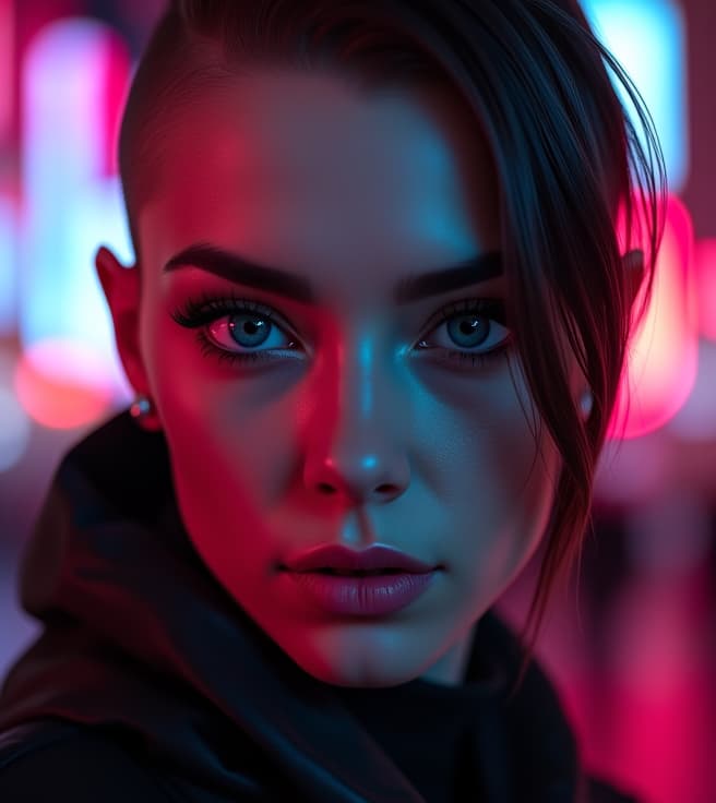  ultra realistic close up portrait ((beautiful pale cyberpunk female with heavy black eyeliner)), blue eyes, shaved side haircut, hyper detail, cinematic lighting, magic neon, dark red city, canon eos r3, nikon, f/1.4, iso 200, 1/160s, 8k, raw, unedited, symmetrical balance, in frame, 8k hyperrealistic, full body, detailed clothing, highly detailed, cinematic lighting, stunningly beautiful, intricate, sharp focus, f/1. 8, 85mm, (centered image composition), (professionally color graded), ((bright soft diffused light)), volumetric fog, trending on instagram, trending on tumblr, HDR 4K, 8K