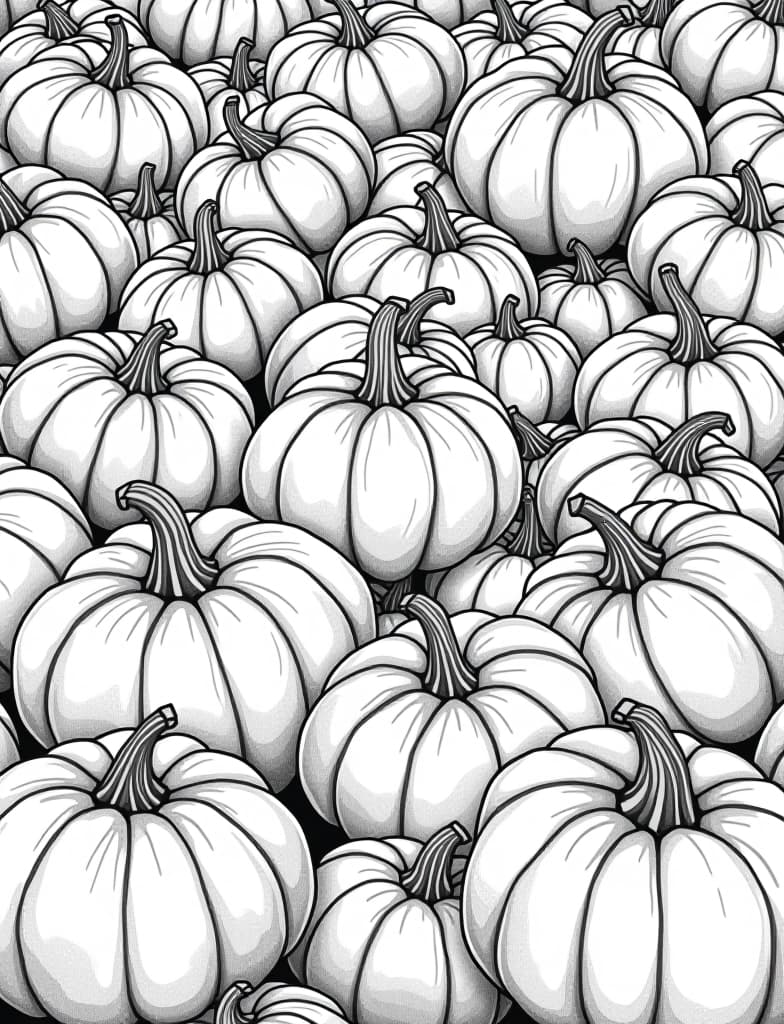  a close up of a pile of pumpkins, each with unique textures, black and white line art on a white background, for an adult coloring page.