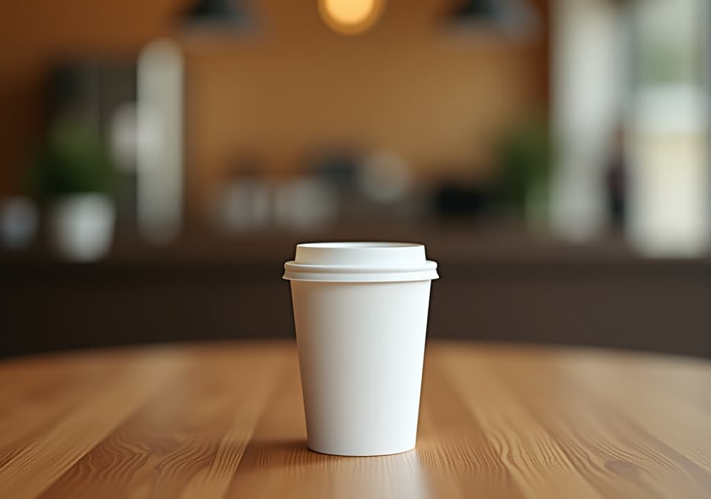  a white to go coffee cup sits on a wooden table in front