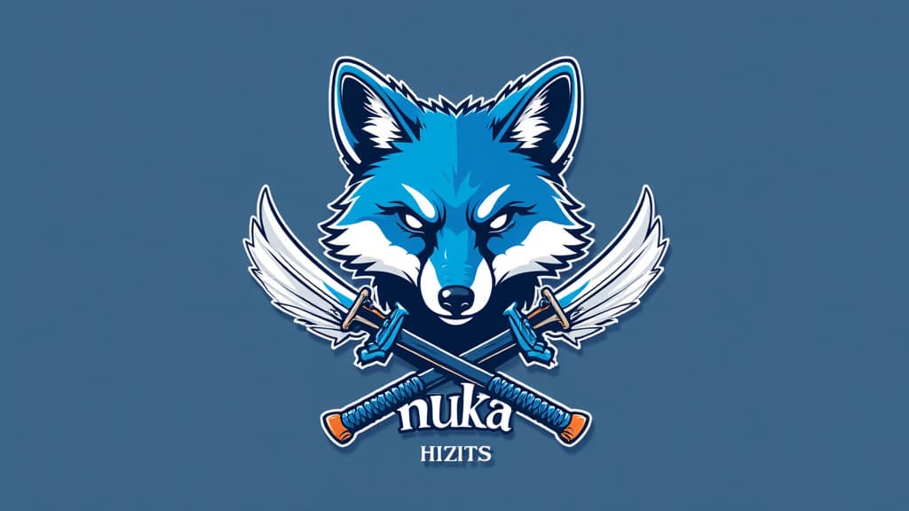  design a logo, un renard bleu et blanc avec des armes , with the text 'nuka'.