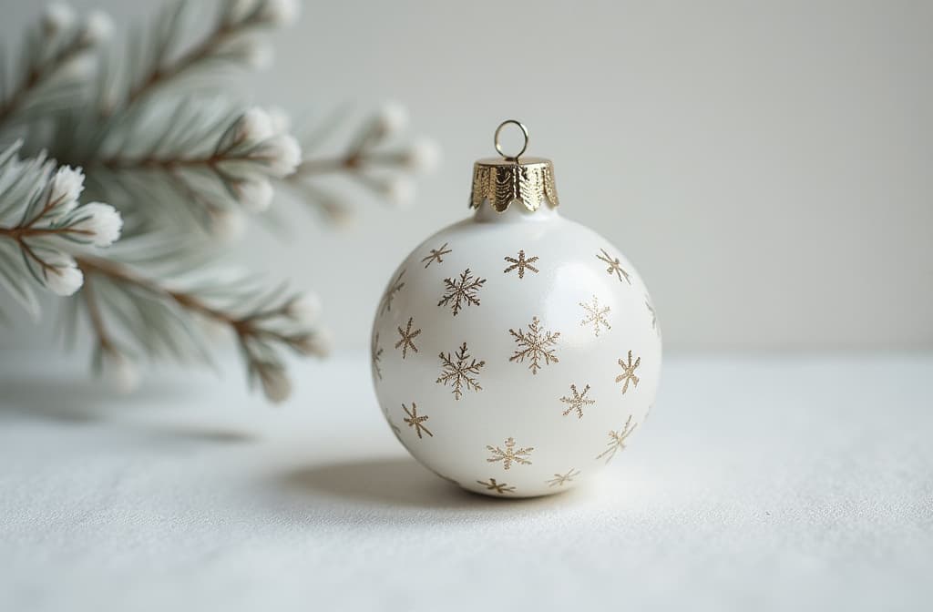  professional detailed photography, christmas white ball on white background ar 3:2, (muted colors, dim colors, soothing tones), (vsco:0.3)