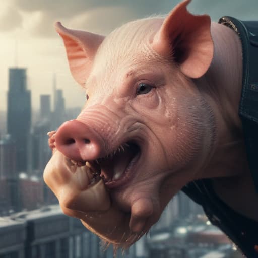 Show A close fist from a human punching the snout of a pig in Cyberpunk style with City background