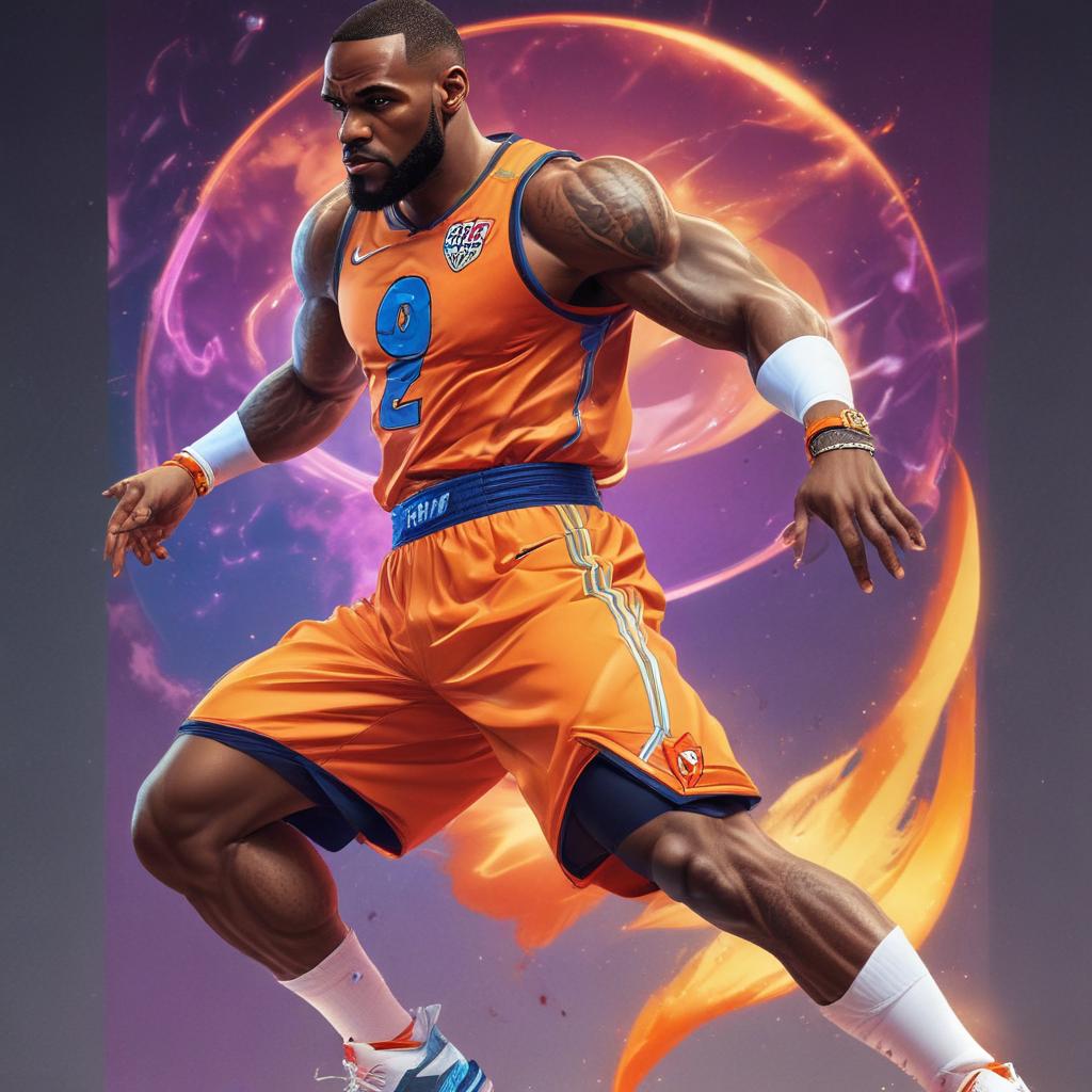 distance-shot, flashy, full-body, dynamic, holographic, animated cartoon poster of lebron james in the style of dragon ball super