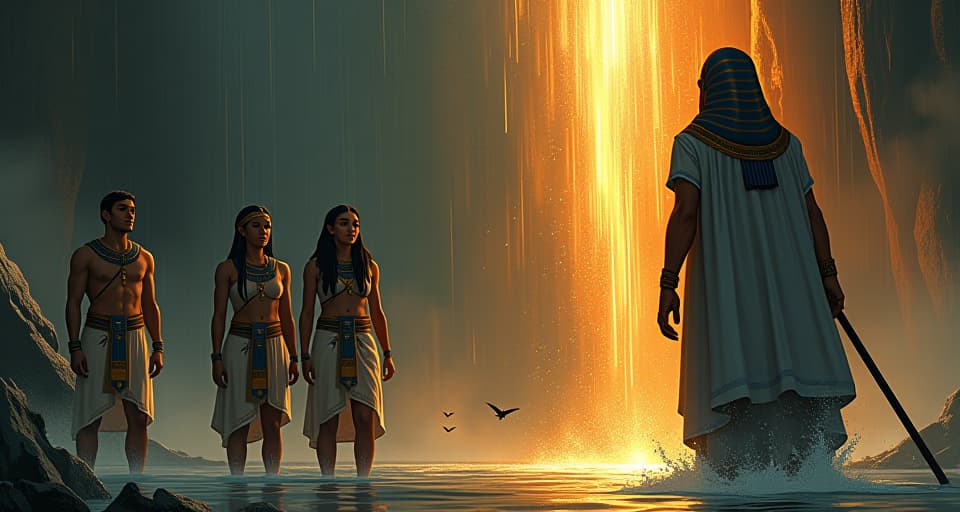  friends soaked and breathless, staring in awe and disbelief at a figure who stands calm and composed, their appearances full of wonder.. the style is digital art illustration / modern comic book / mysterious occult, symbolic, esoteric vibe,high detail on character design, incorporating ancient egyptian symbology and attire.