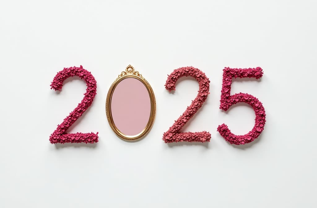  top view, lot of empty place around, little letters “2025” in centre of image, letters made from woman pomade cosmetics, instead of letter "0" is small round mirror in beautiful frame, white background {prompt}, maximum details