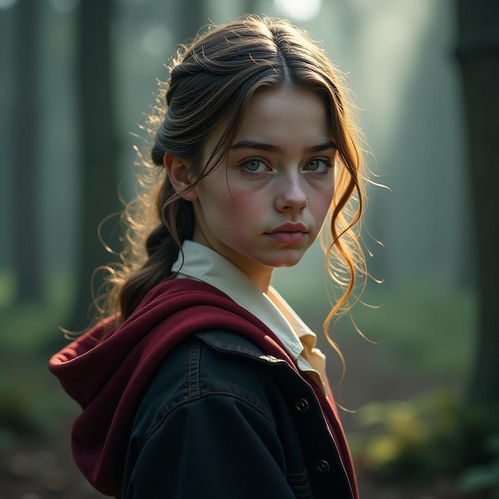  a girl artist in the world of harry potter. hyperrealistic, full body, detailed clothing, highly detailed, cinematic lighting, stunningly beautiful, intricate, sharp focus, f/1. 8, 85mm, (centered image composition), (professionally color graded), ((bright soft diffused light)), volumetric fog, trending on instagram, trending on tumblr, HDR 4K, 8K