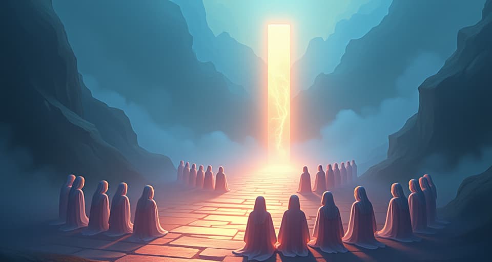  a serene, otherworldly landscape with a glowing path leading to a towering, radiant altar. surrounding the path, magical beings in translucent, flowing robes kneel in devotion, symbolizing a commitment to holiness.. the style is digital art illustration,highly detailed, whimsical,magical, dreamlike atmosphere, realism and fantasy blend, smooth, glossy textures,luminous quality, wonder and enchantment.