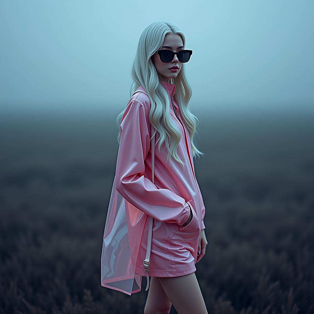  hyperrealistic art uhd 8k full lenght, extra skinny anorexic beauty young 1 ,view from above from afar, (((side parting long wavy white hair :1.4))), long nails, skinny face , ((black sungl)) very tall and thin ((2)), (((skinny extra super long legs:1.4))), (((transparent pink color pvc clothing transparent color vinyl clothing prismatic holographic chromatic aberration short raincoat glows slightly reflected))) , (((super extremally skinny long legs elegant shoes with high platform and thin super long heels:1.4))) , shoulder bag, holds hair with one hand as if straightening the other hand on the waist, ((stands sideways in an extravagant pose looks at the camera )) cloudy night in the grey field near the lexu hyperrealistic, full body, detailed clothing, highly detailed, cinematic lighting, stunningly beautiful, intricate, sharp focus, f/1. 8, 85mm, (centered image composition), (professionally color graded), ((bright soft diffused light)), volumetric fog, trending on instagram, trending on tumblr, HDR 4K, 8K