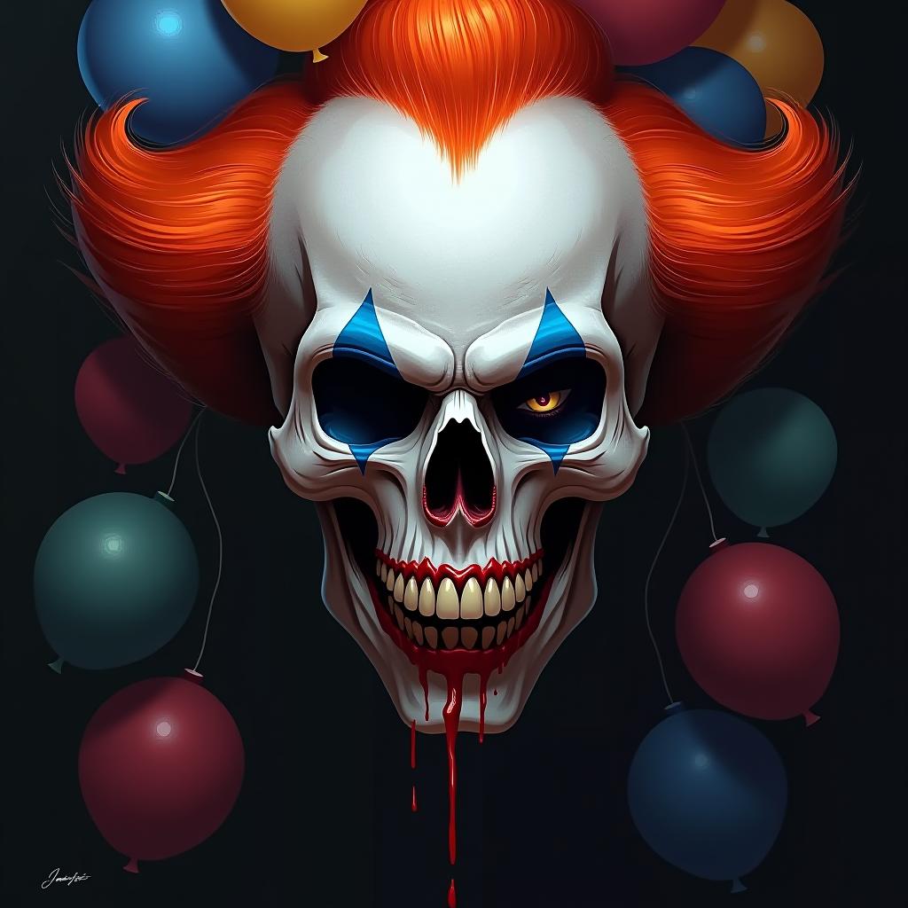  create a digital painting of a sinister clown themed skull. the skull should have bright orange clown hair, blue eye makeup around the eye sockets, a red nose, and red paint dripping from the mouth. the background should be black and include colorful balloons. the overall style should be dark, detailed, and visually striking.