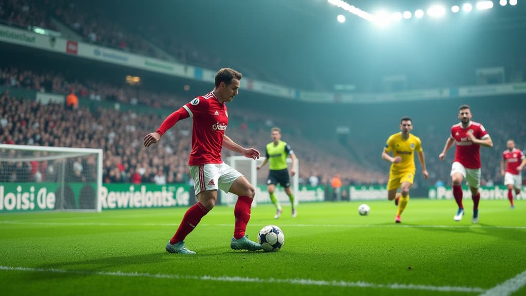  prompt: create an ultra detailed, hyper realistic image capturing the dramatic football match between tsg hoffenheim and werder bremen. the scene should depict the pivotal moments of the game, showcasing hoffenheim's 3 0 lead, the red card that shifted the game, werder bremen's comeback with goals from julián malatini and jens stage, and stage's hat trick leading to a 4 3 victory. include clear visual representations of key elements such as the red card, jens stage's impressive performance, and