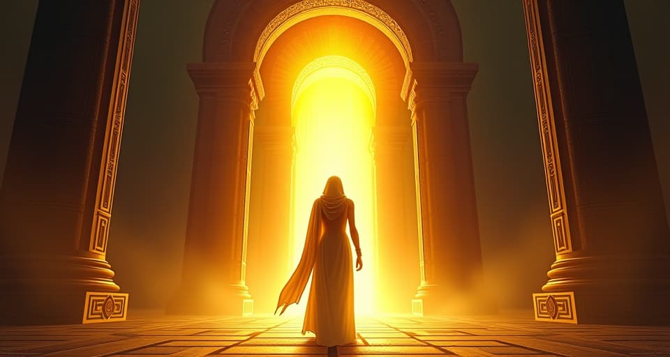  a majestic, luminous figure standing beneath an ancient egyptian archway, ripples of golden energy emanating, shadows retreating from overpowering presence. the style is digital art illustration / modern comic book / mysterious occult, symbolic, esoteric vibe,high detail on character design, incorporating ancient egyptian symbology and attire.