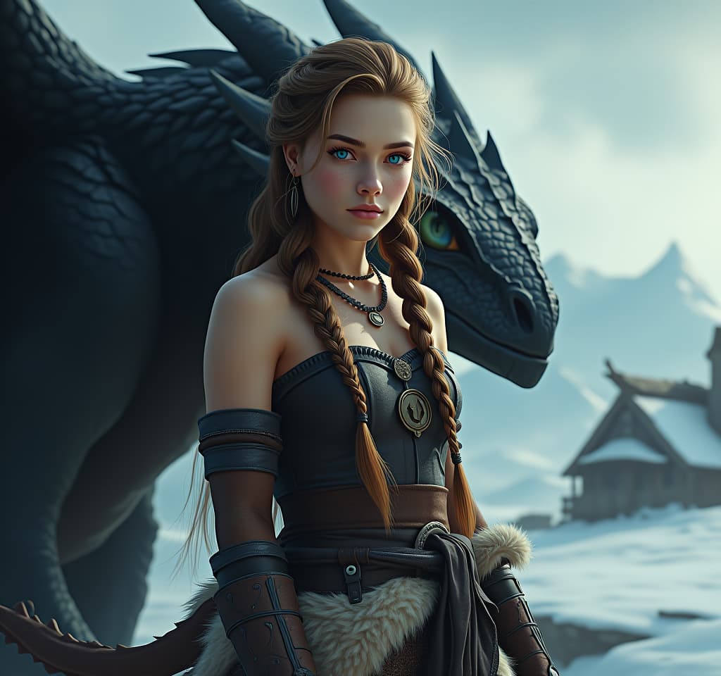  dreamscape viking girl, muscular appearance, blue eyes, straight nose, brown haired, hair braided in a braid, tall, toned, athletic, clothing made of leather and fur, jewelry made of metal, next to a large black dragon with blue eyes, distant plan, winter, viking settlement, high detail . surreal, ethereal, dreamy, mysterious, fantasy, highly detailed