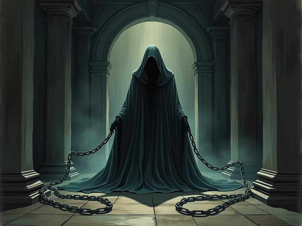  chain like shadows enveloping a spectral figure, darkly lit scenery with intricate details, walls and floor of polished dark stone, oppressive sense of obligation, haunting presence, chilling aura. an illustration in the style of a worn, mystical old tarot trump card, mysterious and elements of surrealism. the colors are muted, somber and eerie, but with contrast bring out an occult and esoteric vibe.