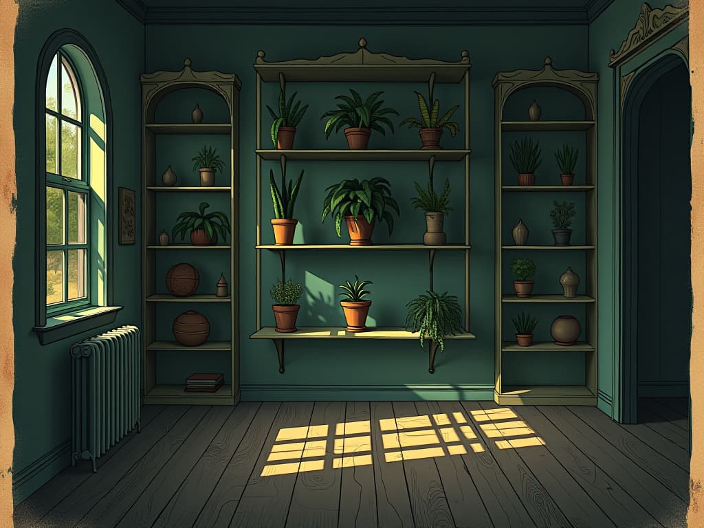  dimly lit room with shelves full of artificial plants, corners cast in shadows, mood of abandonment and stillness. an illustration in the style of a worn, mystical old tarot trump card, mysterious and elements of surrealism. the colors are muted, somber and eerie, but with contrast bring out an occult and esoteric vibe.