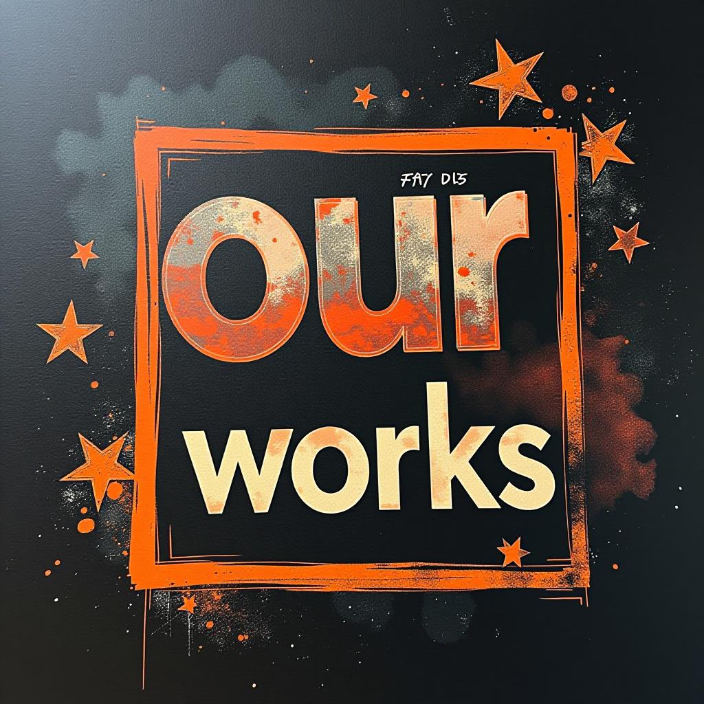  i need a photo with the text "our works" in the middle. add an orange stroke to the design and frame everything in a square.