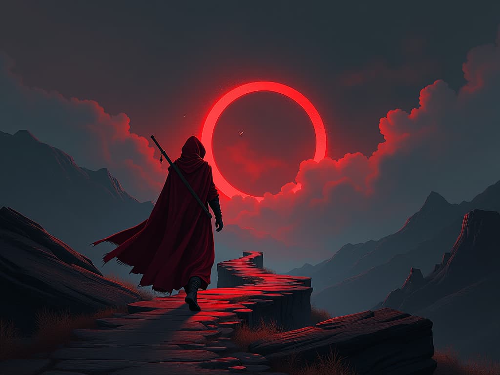  traveler in red cloak, walking on a path of light, mystical landscape, sense of destined journey. the style is digital art illustration / modern comic book / graphic dark novel fantasy and mysterious occult, symbolic, moody lighting, esoteric vibe,high detail on character design. for the color scheme emphasize blacks and reds.