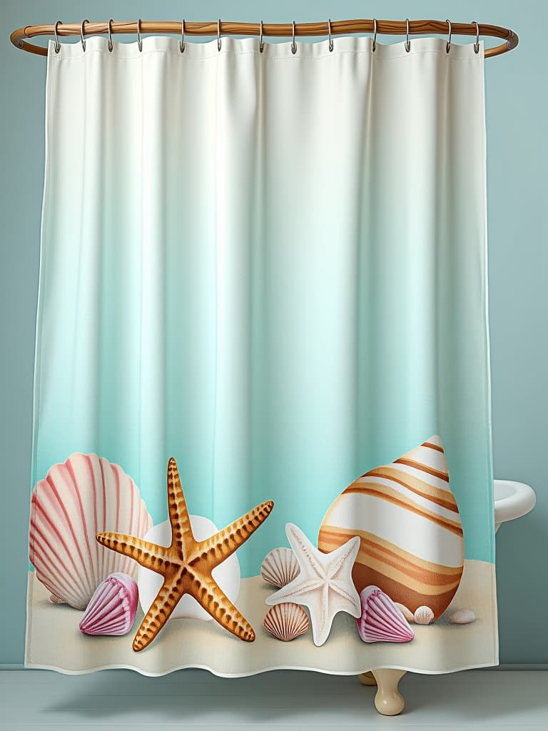  high quality portrait photo of a beach themed shower curtain featuring hand painted watercolor seashells and starfish on a soft aqua background, hanging from a driftwood curtain rod hyperrealistic, full body, detailed clothing, highly detailed, cinematic lighting, stunningly beautiful, intricate, sharp focus, f/1. 8, 85mm, (centered image composition), (professionally color graded), ((bright soft diffused light)), volumetric fog, trending on instagram, trending on tumblr, HDR 4K, 8K