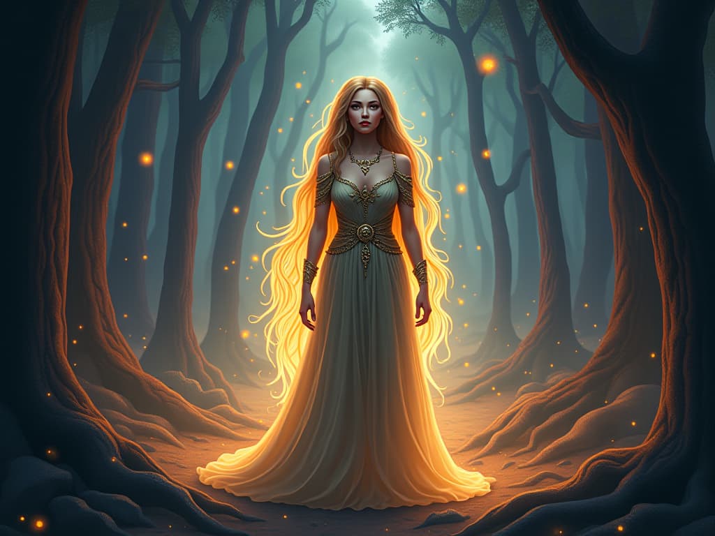  mystic reclaiming energy, standing amidst a glowing forest with ethereal symbols representing scattered energy sources.. the style is digital art illustration,highly detailed, whimsical,magical, dreamlike atmosphere, realism and fantasy blend, smooth, glossy textures,luminous quality, wonder and enchantment.