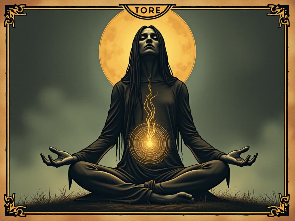  a figure meditating, hands extended outward, channeling energy inward, focused on the core, harmonious, concentrated. an illustration in the style of a worn, mystical old tarot trump card, mysterious and elements of surrealism. the colors are muted, somber and eerie, but with contrast bring out an occult and esoteric vibe.