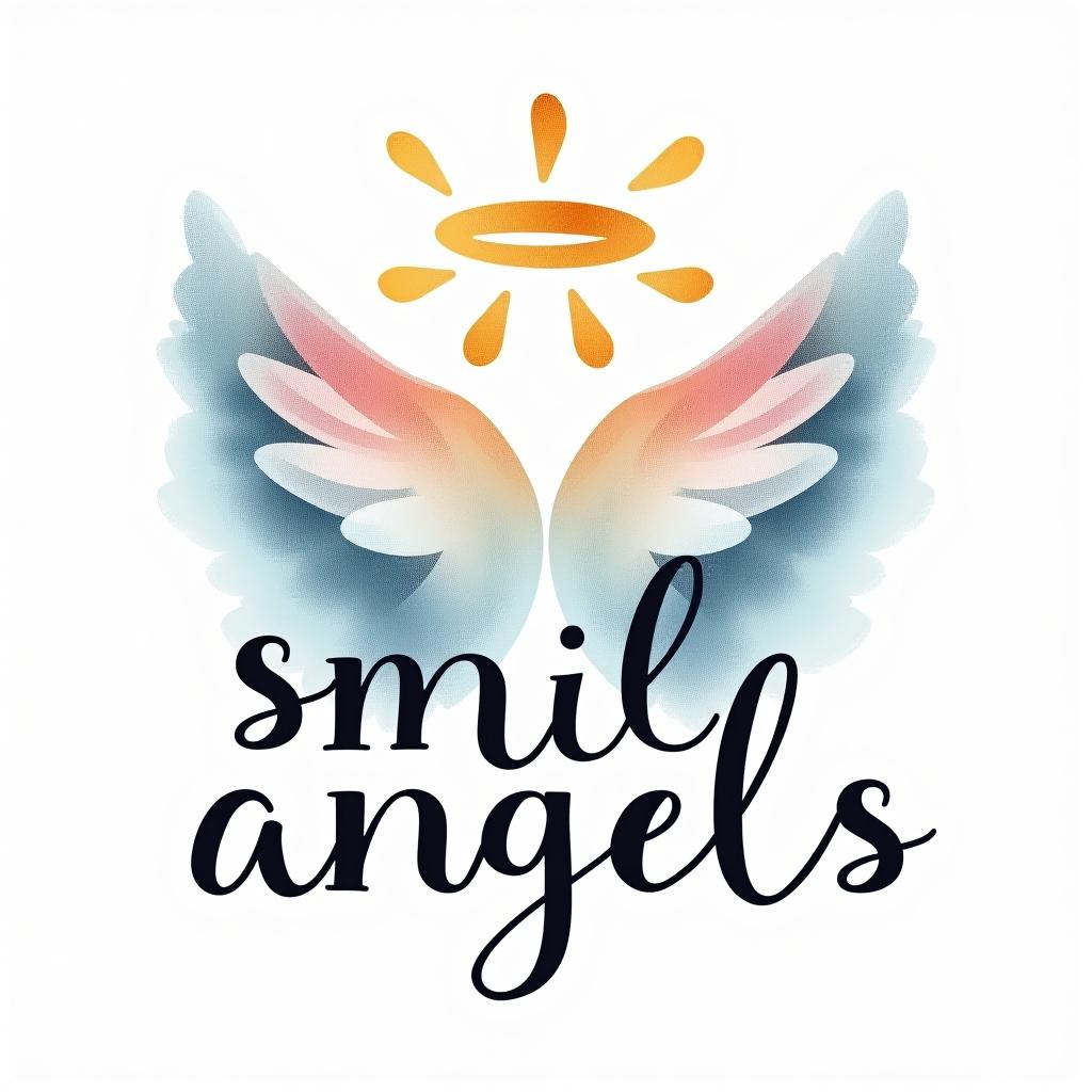  design a logo, in a watercolor style. 美しいデザイン、シンプル、きれいな線、明るいイメージ。, with the text 'smile angels'.