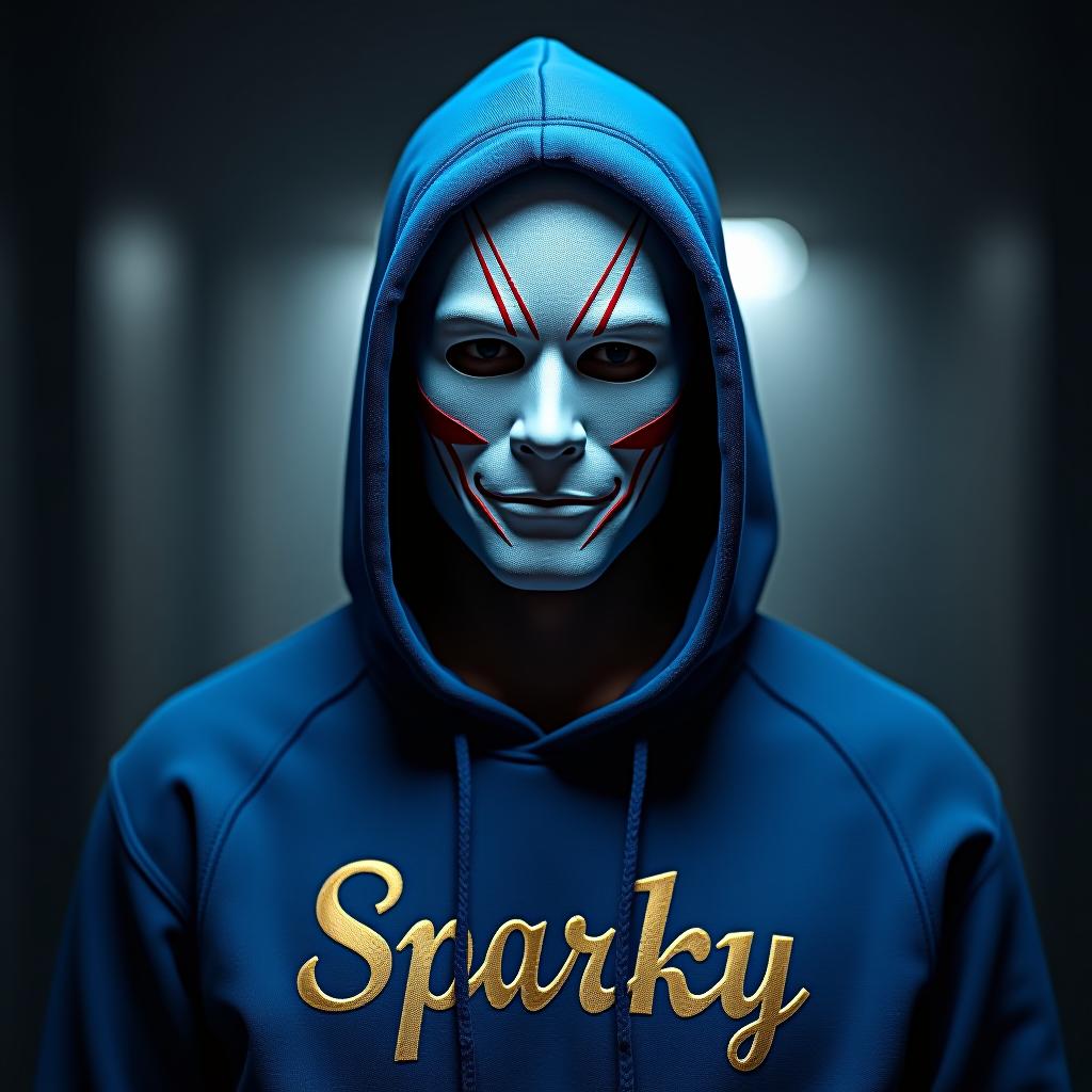  white man with a cool mask on his face with a blue hoodie with sparky written on hoodie hyperrealistic, full body, detailed clothing, highly detailed, cinematic lighting, stunningly beautiful, intricate, sharp focus, f/1. 8, 85mm, (centered image composition), (professionally color graded), ((bright soft diffused light)), volumetric fog, trending on instagram, trending on tumblr, HDR 4K, 8K