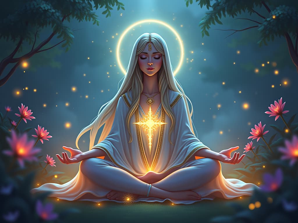  mystical sorceress, wearing a luminescent, flowing robe, meditating amidst a tranquil, celestial garden. glowing flowers and shimmering fairy lights surrounding her, representing spiritual mastery, inner peace, harmony.. the style is digital art illustration,highly detailed, whimsical,magical, dreamlike atmosphere, realism and fantasy blend, smooth, glossy textures,luminous quality, wonder and enchantment.