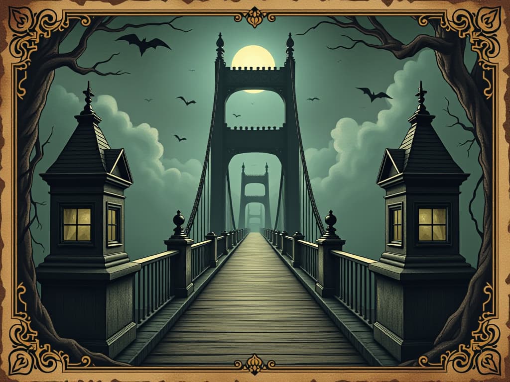  detailed bridge with toll booths on either side, dark, twisted architectural elements, foreboding and eerie mood. an illustration in the style of a worn, mystical old tarot trump card, mysterious and elements of surrealism. the colors are muted, somber and eerie, but with contrast bring out an occult and esoteric vibe.