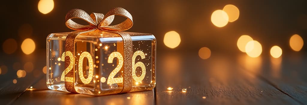  real estate photography style transparent glass christmas gift with glass bow, golden glowing text “2026”, festive golden bokeh background ar 3:2 ar 3:1 . professional, inviting, well lit, high resolution, property focused, commercial, highly detailed