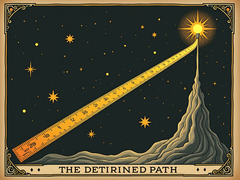  a grand cosmic ruler measuring a destined path, glowing tape measure extending through the stars, sense of precise measurement. an illustration in the style of a worn, mystical old tarot trump card, mysterious and elements of surrealism. the colors are muted, somber and eerie, but with contrast bring out an occult and esoteric vibe.