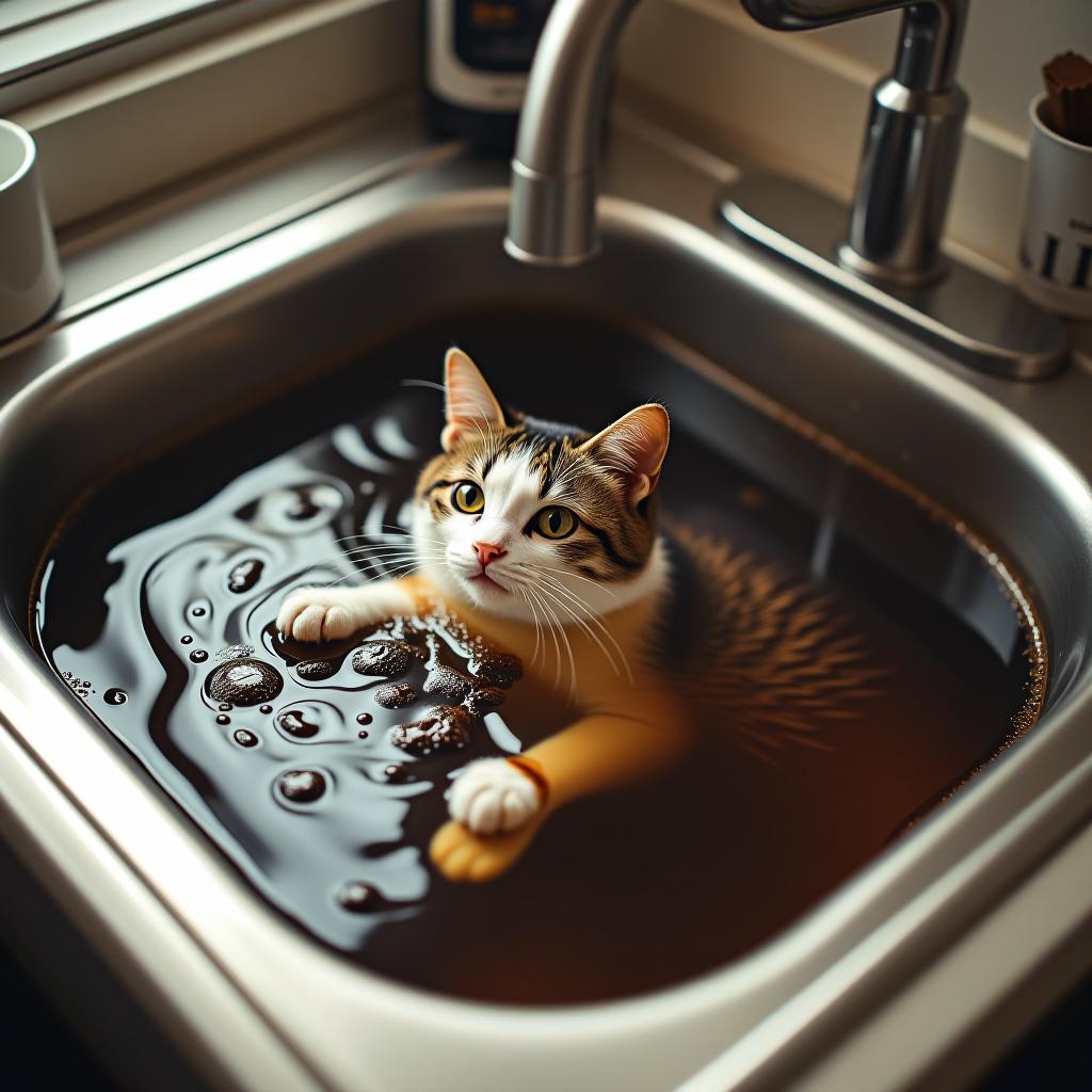  snapchat photo of a cat swimming in a kitchen sink filled with coffee