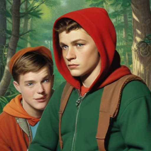 Red riding hood, Robin Hood and twink in a hoodie, cartoon, full of colour, disney, sharp focus, illustration, 50's cartoons, norman rockwell