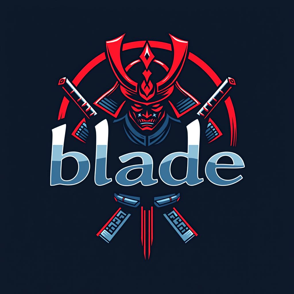  design a logo, emblem logo, with the written text ‘blade’, samurai theme, red and blue.