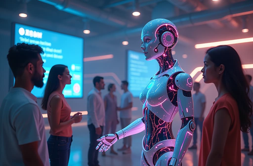  "an imaginative digital landscape showcasing a friendly ai chatbot in a futuristic, high tech environment. the chatbot, depicted as a glowing holographic figure with expressive features, interacts with diverse characters from various cultures, surrounded by vibrant, flowing circuits and screens displaying messages and data. the scene exudes a harmonious blend of technology and human connection, under a soft, ambient light." hyperrealistic, full body, detailed clothing, highly detailed, cinematic lighting, stunningly beautiful, intricate, sharp focus, f/1. 8, 85mm, (centered image composition), (professionally color graded), ((bright soft diffused light)), volumetric fog, trending on instagram, trending on tumblr, HDR 4K, 8K