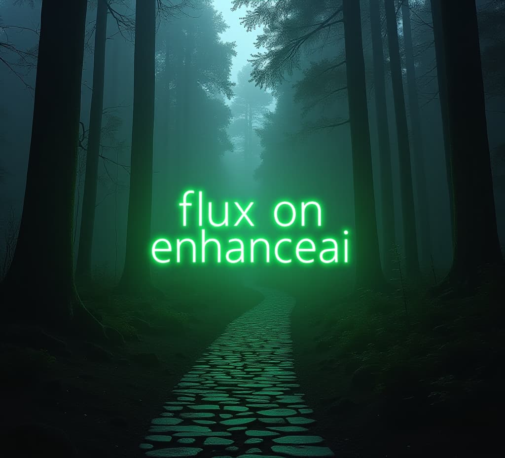  a narrow stone path leads into a deep, misty forest, flanked by towering trees and dense foliage. in the center, bold glowing green letters spell out 'flux on enhanceai.' the atmosphere is serene yet foreboding, with the text seamlessly integrated into the mysterious woodland setting.