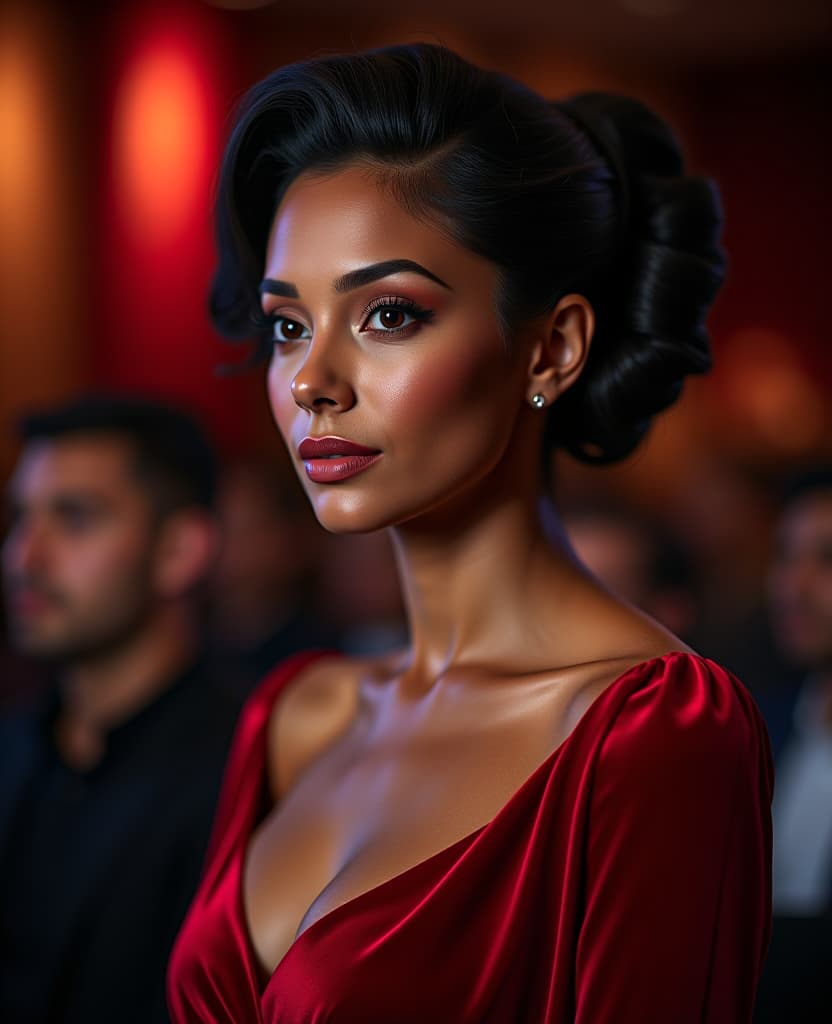  generate a highly detailed image of beauty in red velvet dress: attractive masular lady with glamorous style – a sensual portrait in a red dress on a dark background, use a canon eos r5 camera equipped with a 50mm f/1.2 lens, ensuring impeccable sharpness and focus on her face while gently blurring the audience to create a sense of depth. the lighting should be soft yet vibrant, emphasizing her expression and the lively atmosphere of the conference. set the iso to 400 for optimal light sensitivity and the aperture to f/2.8 to achieve a beautiful bokeh effect that separates her from the background, enhancing the realism of the image.