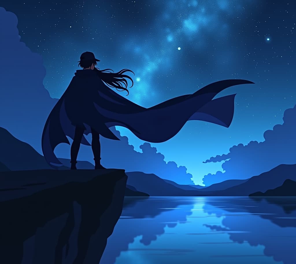  create an image of a dynamic anime character with a cap, long flowing hair and a dramatic cape, standing on the edge of a cliff at night. the background should feature a starry sky with a hint of nebulae, reflecting off the surface of a serene lake below