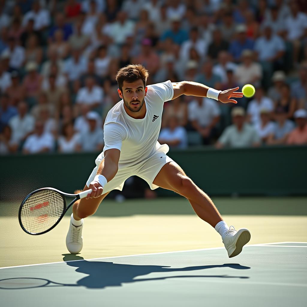  create a high quality, photorealistic image that vividly depicts the following scene: 'an electrifying moment on a professional tennis court during a nail biting contest. a determined male tennis athlete takes center stage, captured in a full throttle dash mirroring his acute focus. his sweat soaked uniform is as white as his fierce resolve. every visible muscle tenses as he makes a dive with his racket stretched out towards a clinching shot, the tennis ball frozen in time, rapidly zipping over the net. the blurred spectators at the back articulate the suspended breath and heightened anticipation in the buzzing arena basked in the warm tones of late afternoon light. this riveting scene is captured with a canon eos r5, f/1.8, iso 200, 1 hyperrealistic, full body, detailed clothing, highly detailed, cinematic lighting, stunningly beautiful, intricate, sharp focus, f/1. 8, 85mm, (centered image composition), (professionally color graded), ((bright soft diffused light)), volumetric fog, trending on instagram, trending on tumblr, HDR 4K, 8K