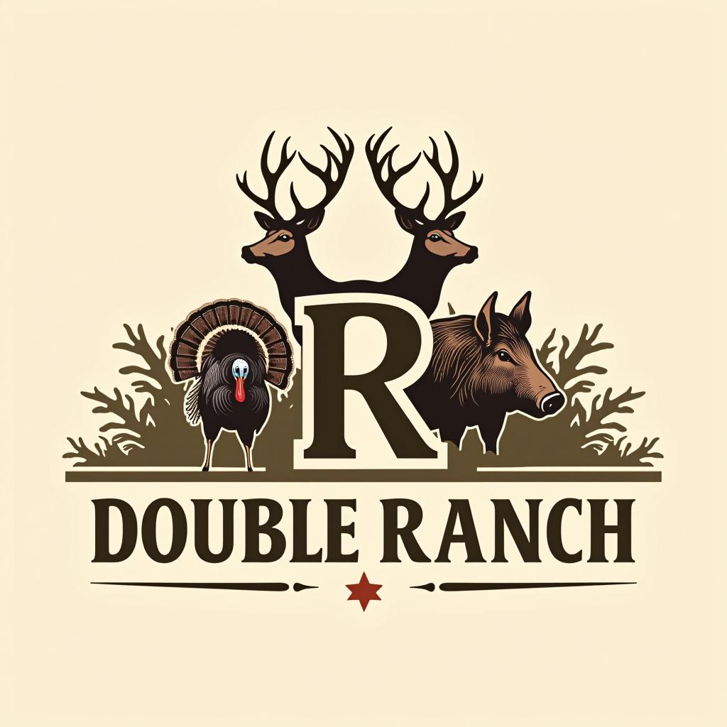  design a logo, sleek logo design which incorporates a deer , a turkey and a wild hog, with 2 letter r’s facing back to back in the forefront. the text title is “double r ranch”