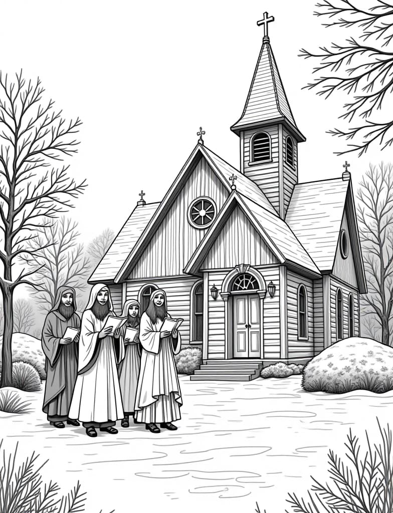  this is for an adult coloring page. a detailed black and white line art of a snowy carolers singing in front of a snow covered church on a solid white background.