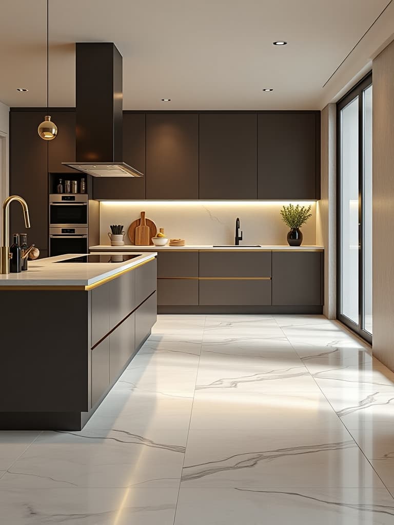  high quality portrait photo of a contemporary kitchen space showcasing large format ceramic tiles with a subtle marble effect, creating a luxurious and seamless surface across the floor hyperrealistic, full body, detailed clothing, highly detailed, cinematic lighting, stunningly beautiful, intricate, sharp focus, f/1. 8, 85mm, (centered image composition), (professionally color graded), ((bright soft diffused light)), volumetric fog, trending on instagram, trending on tumblr, HDR 4K, 8K