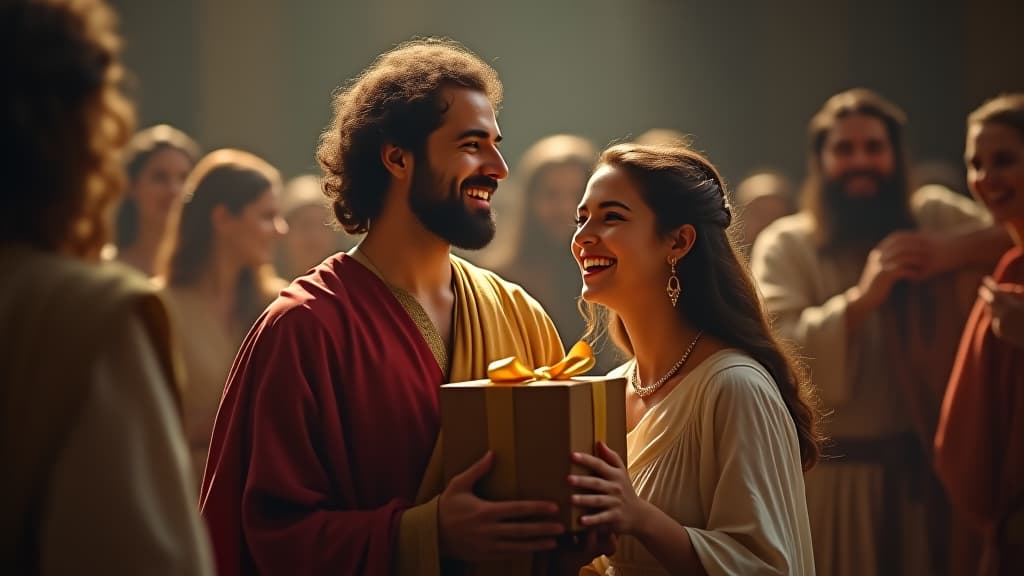  history of biblical times, isaac holding a gift from abraham to welcome rebecca, surrounded by laughter and music, exemplifying their joyous union. hyperrealistic, full body, detailed clothing, highly detailed, cinematic lighting, stunningly beautiful, intricate, sharp focus, f/1. 8, 85mm, (centered image composition), (professionally color graded), ((bright soft diffused light)), volumetric fog, trending on instagram, trending on tumblr, HDR 4K, 8K