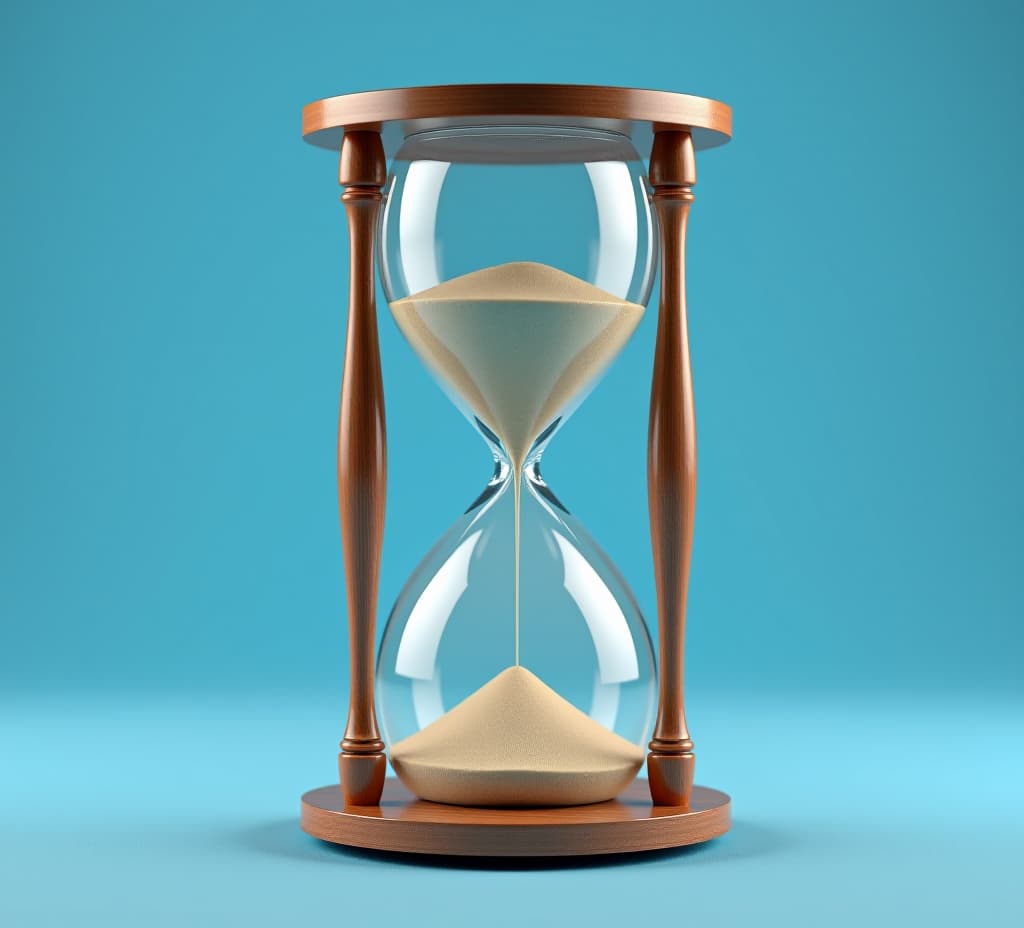  an hourglass filled with sand flowing steadily. isolated on blue background with copy space. tracking time concept