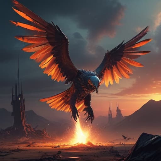 In a post-apocalyptic wasteland, a mechanical vulture spreads its wings, ready to launch a barrage of missiles towards its target. The dark sky is illuminated by the fiery glow of the explosives, casting an eerie light on the desolate landscape below. The vulture's metallic feathers glisten with a menacing sheen, as it prepares to unleash destruction upon its unsuspecting prey. The scene is both beautiful and terrifying, capturing the essence of power and destruction in a single moment. fantastical creatures or characters inspired by mythology, folklore, or popular culture. use vibrant colors, sharp lines, intricate details, dynamic poses, dramatic lighting, atmospheric backgrounds, and blend anime, manga, and Western comic influences.