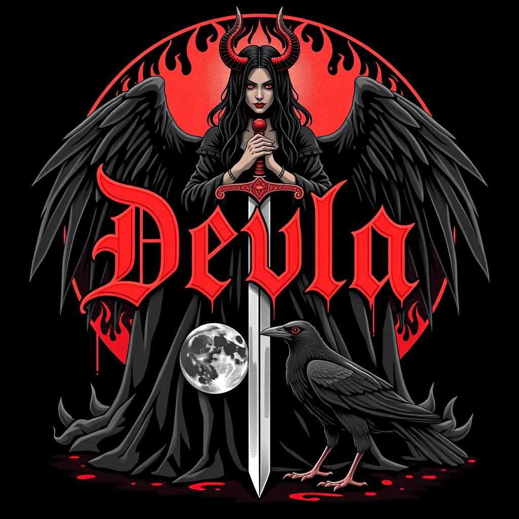  the word devla is in gothic style, bloody, on a black background with flames. the inscription is placed on a demoness with a sword and a black raven, featuring the tarot cards the moon and the devil.