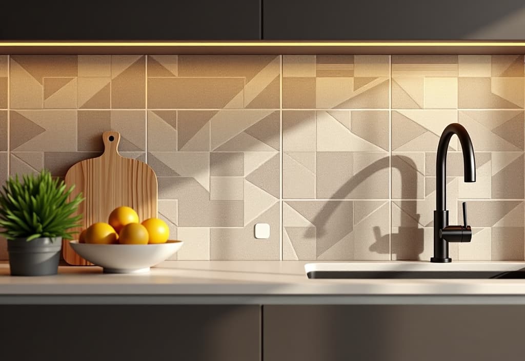  a landscape photo of a close up of a contemporary kitchen backsplash featuring geometric patterns in neutral tones, highlighting an affordable yet stylish design element hyperrealistic, full body, detailed clothing, highly detailed, cinematic lighting, stunningly beautiful, intricate, sharp focus, f/1. 8, 85mm, (centered image composition), (professionally color graded), ((bright soft diffused light)), volumetric fog, trending on instagram, trending on tumblr, HDR 4K, 8K