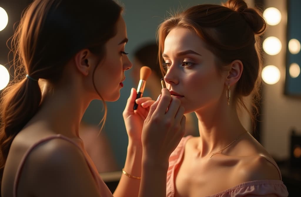  a woman in a beautiful skirt with brushes and eyeshadow in her hands applies makeup to a model, with bright studio lights and mirrors behind her. ar 3:2, (natural skin texture), highly detailed face, depth of field, hyperrealism, soft light, muted colors