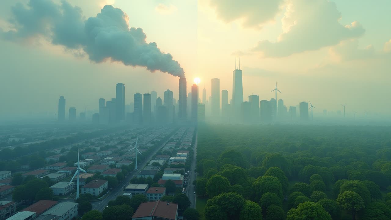  a comparison image between a polluted city skyline filled with smog, representing the use of fossil fuels, and a clean, green, renewable energy powered city full of wind turbines and solar panels. hyperrealistic, full body, detailed clothing, highly detailed, cinematic lighting, stunningly beautiful, intricate, sharp focus, f/1. 8, 85mm, (centered image composition), (professionally color graded), ((bright soft diffused light)), volumetric fog, trending on instagram, trending on tumblr, HDR 4K, 8K