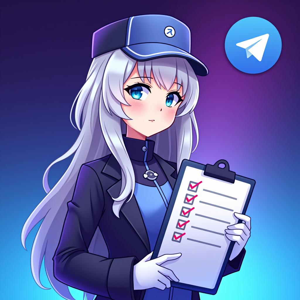  good quality, high quality, a profile picture for a telegram group management bot featuring emilia from re:zero. emilia is depicted with her silver hair and blue eyes, with hat, holding a stylized clipboard with a checklist. the background is a soft gradient of telegram logo purple and blue, symbolizing efficiency and organization. the telegram iconic logo is subtly integrated into the background, starting small near emilia and gradually growing in size and brightness as it moves outward, blending smoothly with the gradient colors.